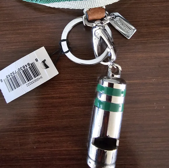 COACH 3D Whistle Solid Silver Nickel Keychain Key Ring FOB with Lanyard. NEW - Picture 3 of 5